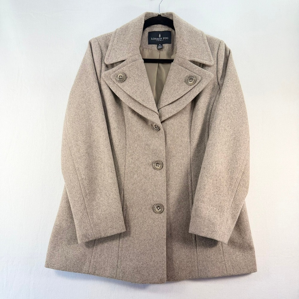 London Fog Womens Wool Blend Peacoat Oatmeal Beige Button Front Jacket PL Petite